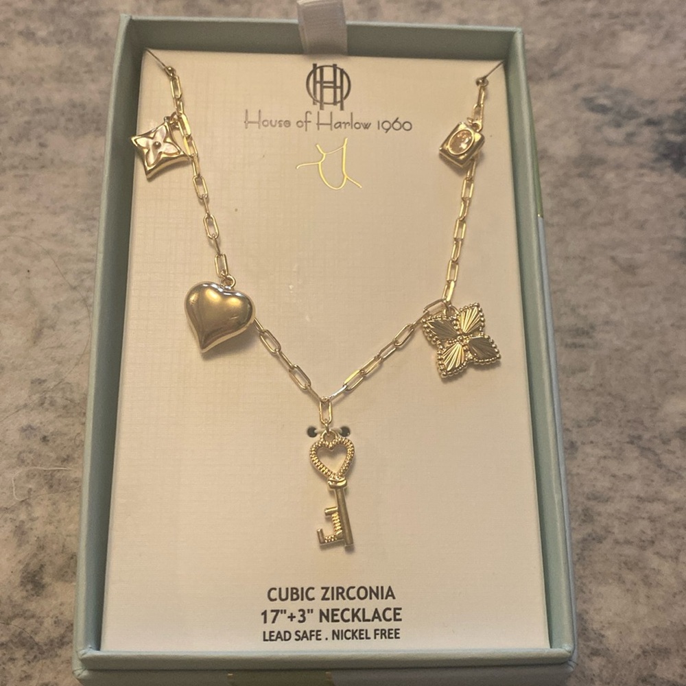 House of Harlow Gold Charm Cubic Zirconia Necklace Key 17” - Picture 1 of 4